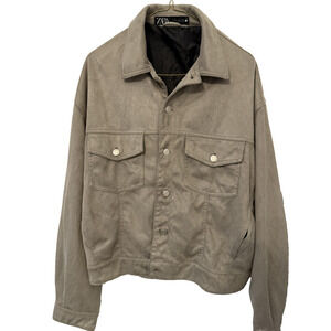 Zara Jacket Mens XL Gray Suede Trucker Snap Button Faux Leather Pockets Lined
